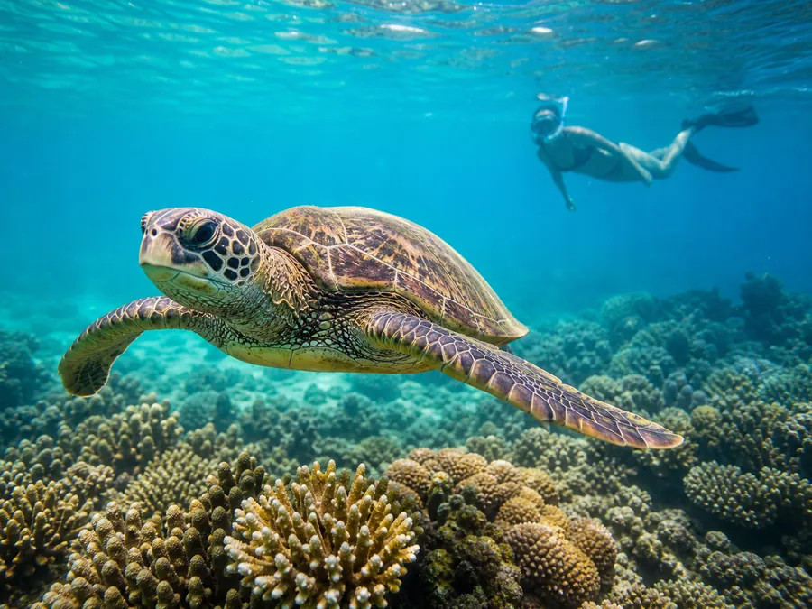 A green sea turtle gliding over the coral, a snorkeler keeping a calm distance